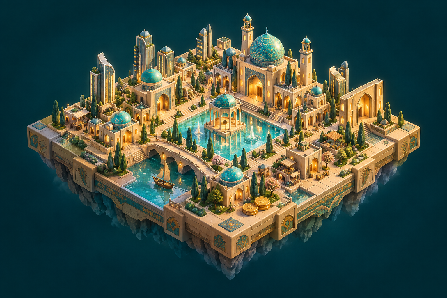 شهر مینیاتوری با معماری ایرانی و رنگهای فیروزهای و طلایی